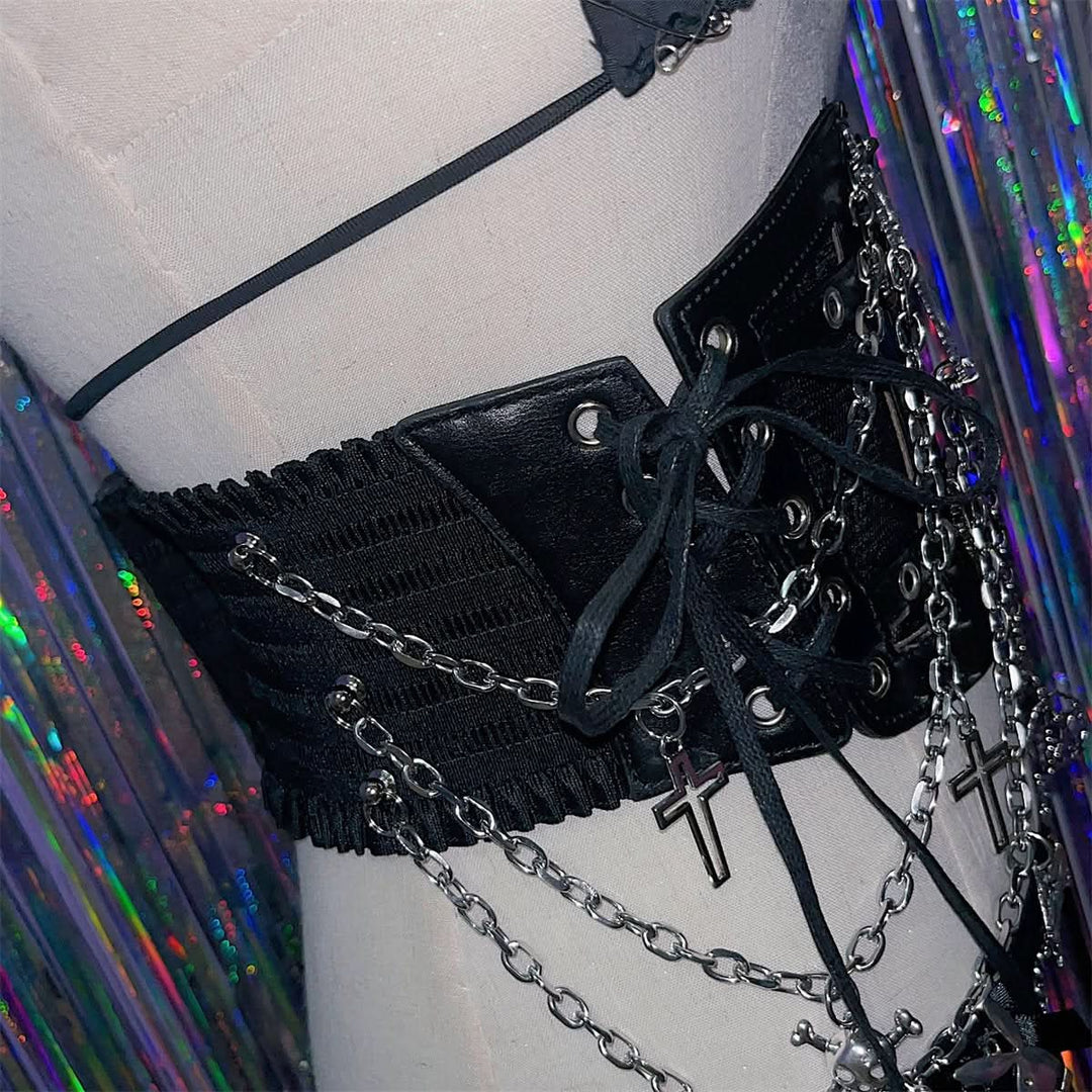 PU leather metal chain cross applique waist chain  | Festival Outfits Women