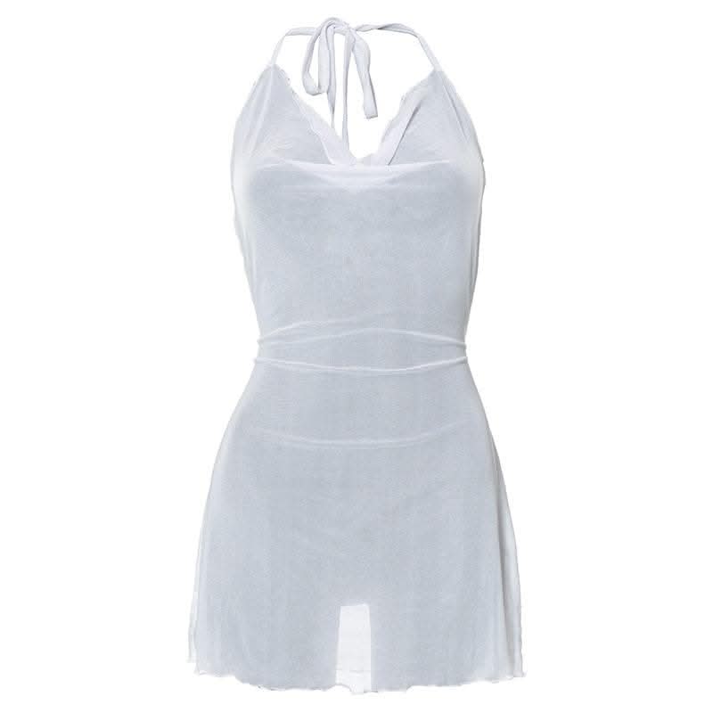 Halter cowl neck sheer mesh ruffle mini dress-final-sale