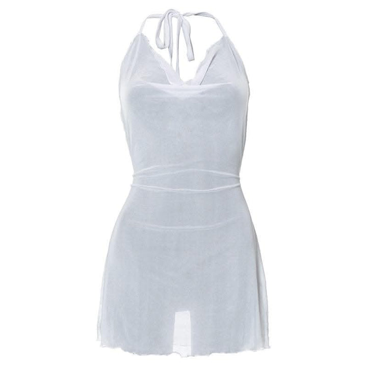 Halter cowl neck sheer mesh ruffle mini dress-final-sale