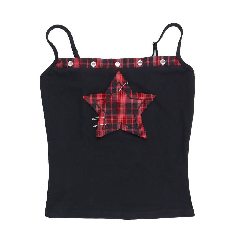Square neck hollow out star print plaid cami cut out top  | Festival Outfits Women