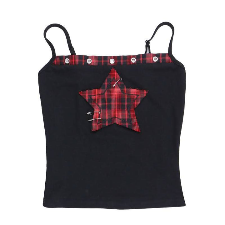 Square neck hollow out star print plaid cami cut out top  | Festival Outfits Women