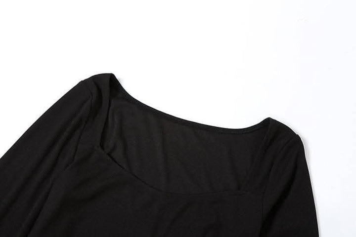 Mesh patchwork solid long sleeve square neck midi dress-final-sale  | Festival Outfits Women