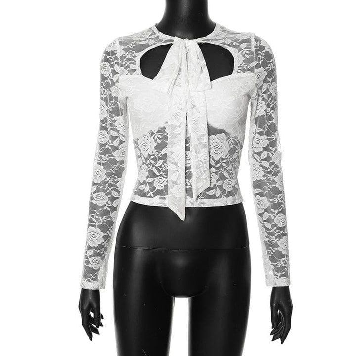 Long sleeve lace knotted crop top  | Festival Outfits Women