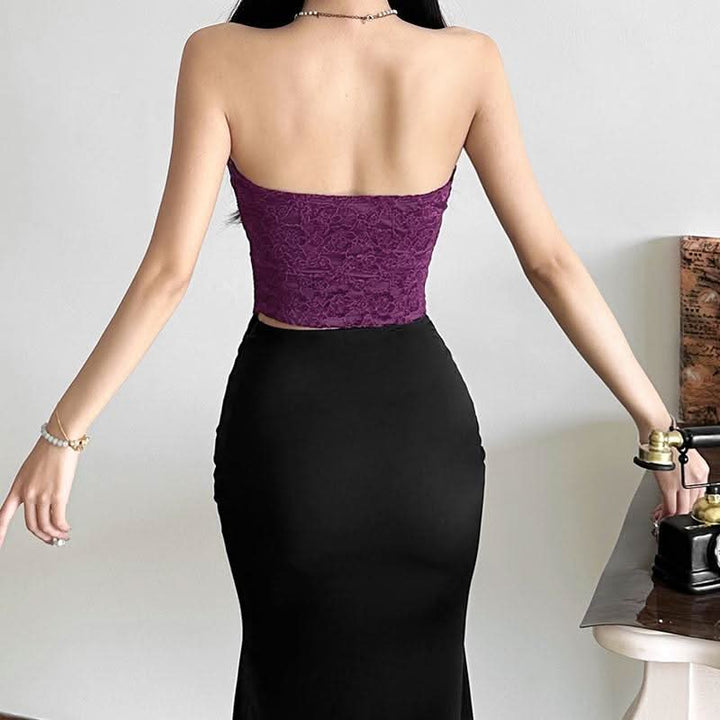 Lace hem slit backless solid tube top  | Festival Outfits Women