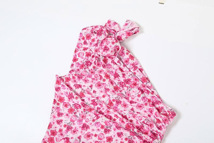 One shoulder knotted slit flower print ruffle maxi dress  | Festival Outfits Women