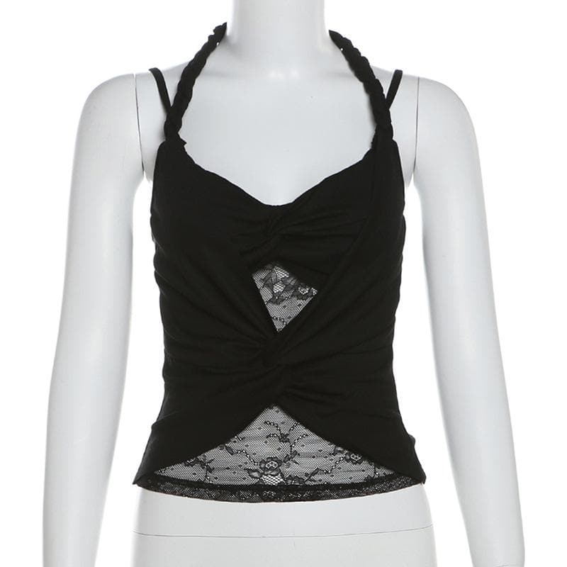 Halter ruched lace patchwork v neck cami top  | Festival Outfits Women