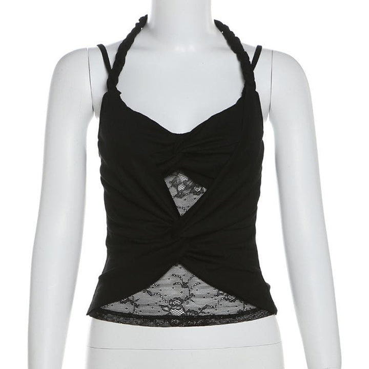 Halter ruched lace patchwork v neck cami top  | Festival Outfits Women