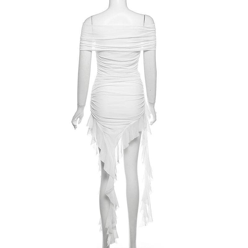 Off shoulder flower applique ruffle ruched mini dress  | Festival Outfits Women