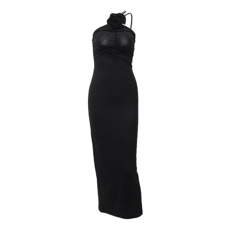 Flower applique one shoulder solid ruched maxi dress-final-sale  | Festival Outfits Women
