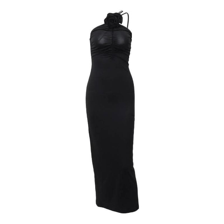 Flower applique one shoulder solid ruched maxi dress-final-sale  | Festival Outfits Women