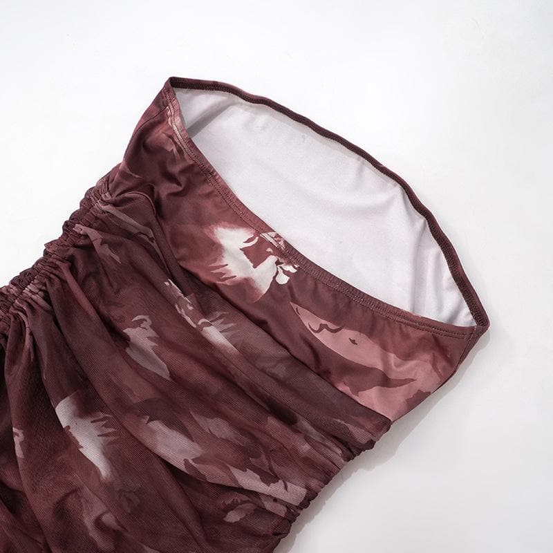 Drawstring tie dye mesh ruched tube mini dress  | Festival Outfits Women