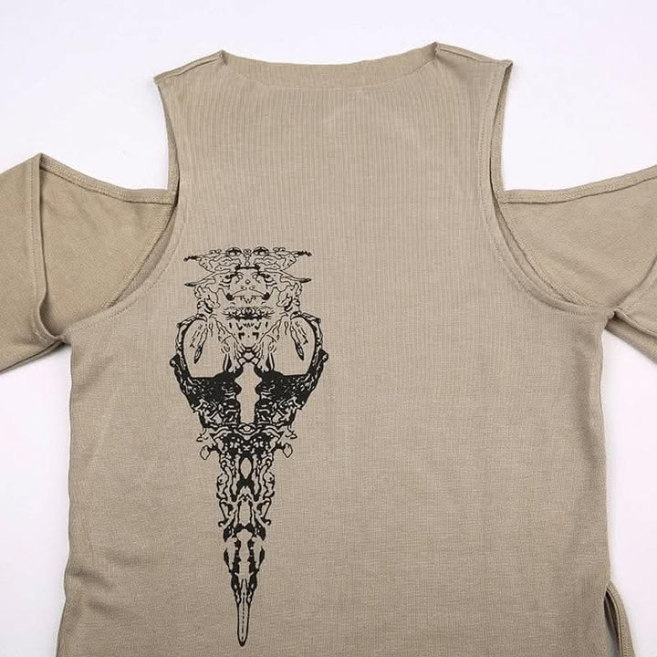 Abstract off shoulder long sleeve self tie contrast top-final-sale