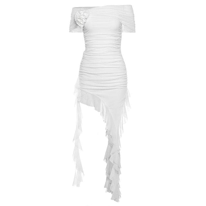 Off shoulder flower applique ruffle ruched mini dress  | Festival Outfits Women