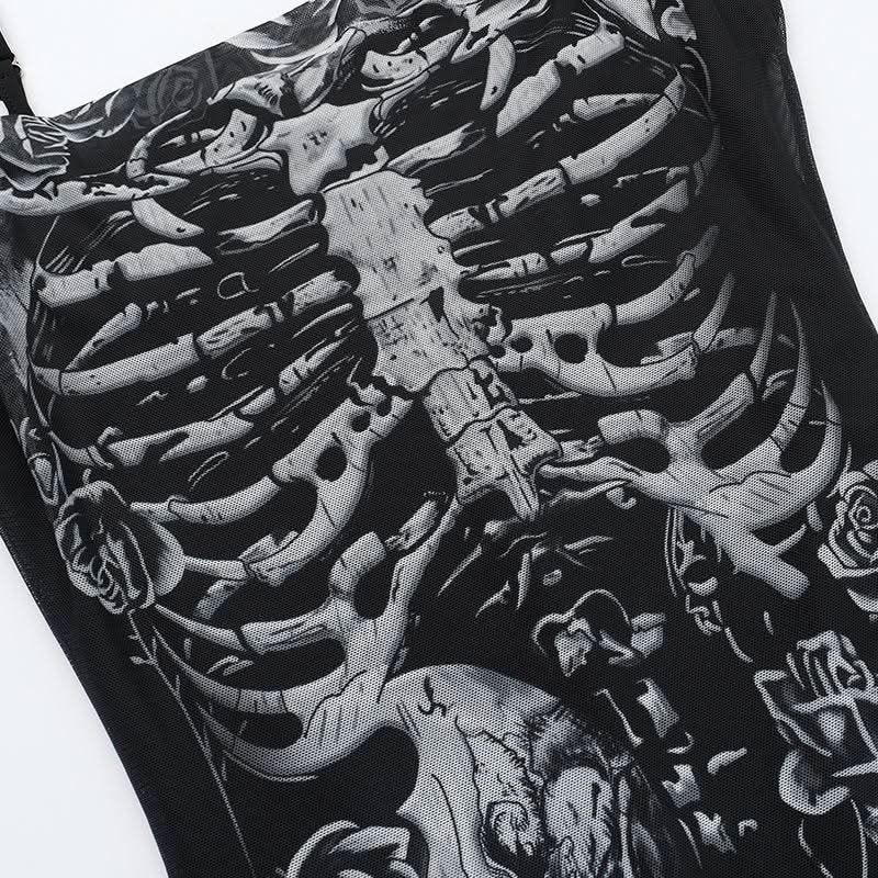 U neck skull print mesh backless cami maxi dress  | Festival Outfits Women-final-sale