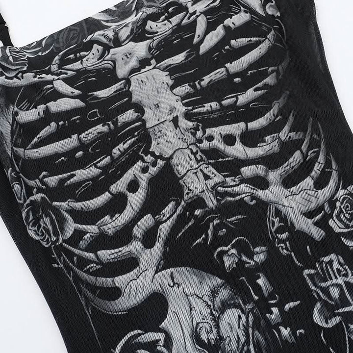 U neck skull print mesh backless cami maxi dress  | Festival Outfits Women-final-sale