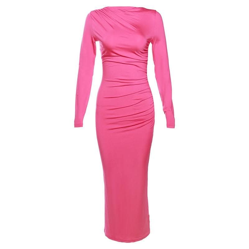 Ruched solid long sleeve zip-up maxi dress-final-sale  | Festival Outfits Women