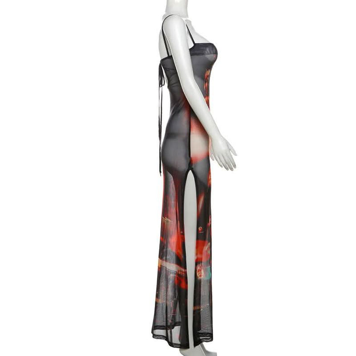 Abstract mesh high slit cami maxi dress  | Festival Outfits Women