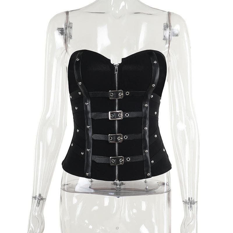 PU leather patchwork buckle zip-up tube top  | Festival Outfits Women