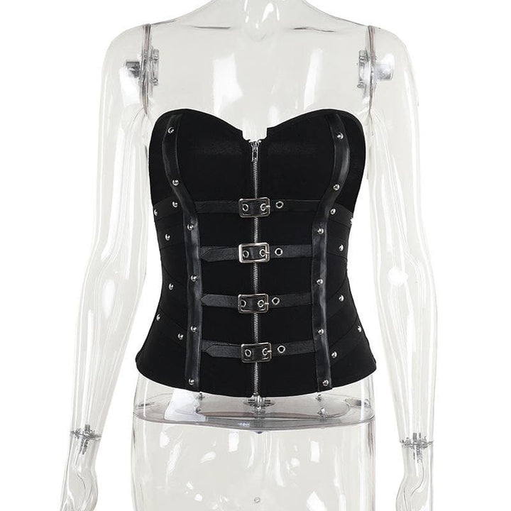 PU leather patchwork buckle zip-up tube top  | Festival Outfits Women