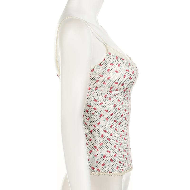 Tufafin V na wuyan ceri mai siffar bowknot lace mai launin polka dot cami | Kayan Biki na Mata