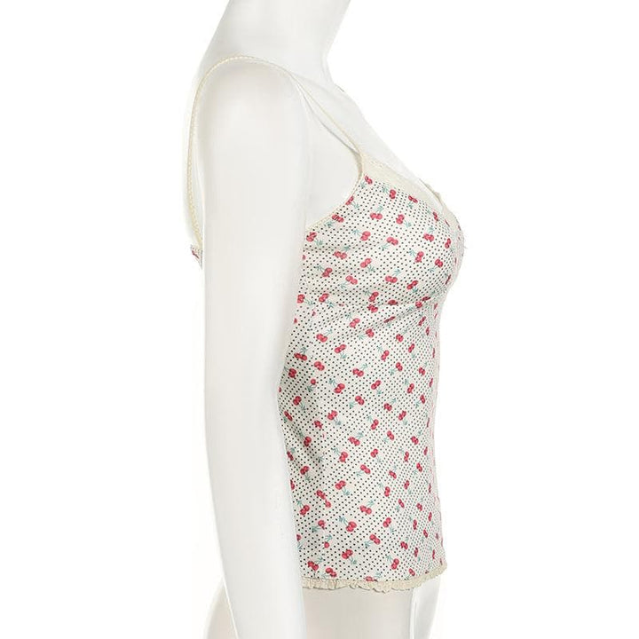 Tufafin V na wuyan ceri mai siffar bowknot lace mai launin polka dot cami | Kayan Biki na Mata