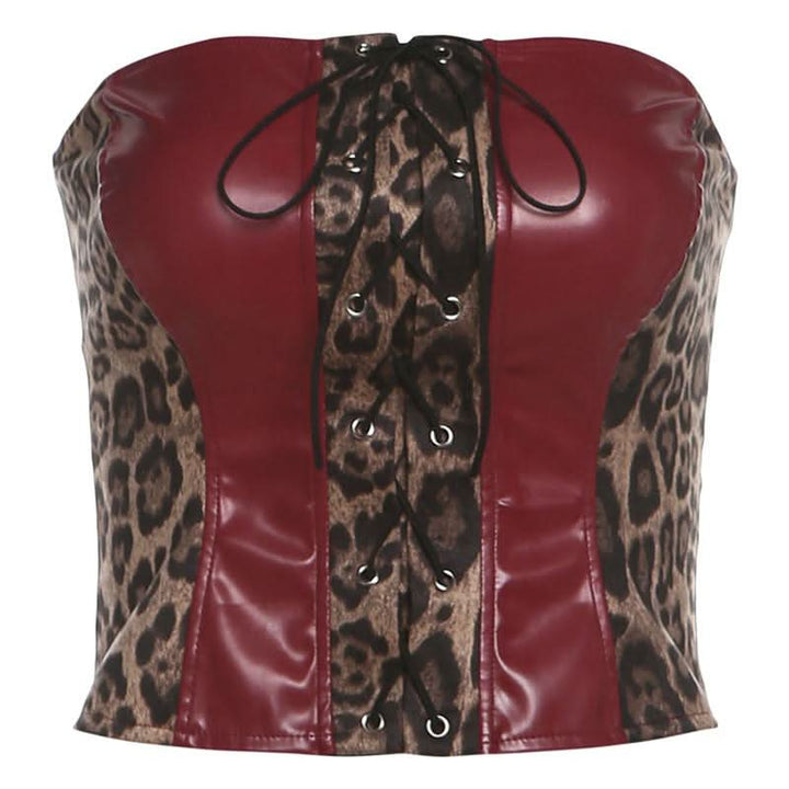 Leopard print lace up PU leather patchwork tube top  | Festival Outfits Women  | Cheetah Print Top