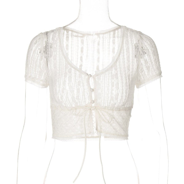 Short sleeve button lace see through crop top  | Festival Outfits Women