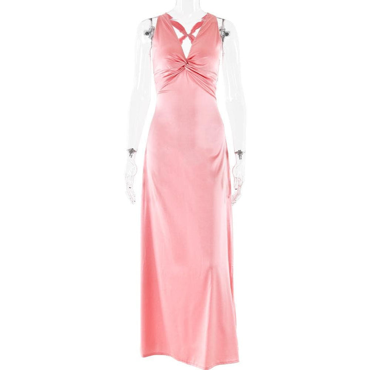 Ruched bowknot v neck satin cross back maxi dress  | Festival Outfits Women