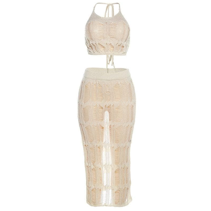 Crochet solid halter self tie see through slit midi skirt set-final-sale  | Festival Outfits Women