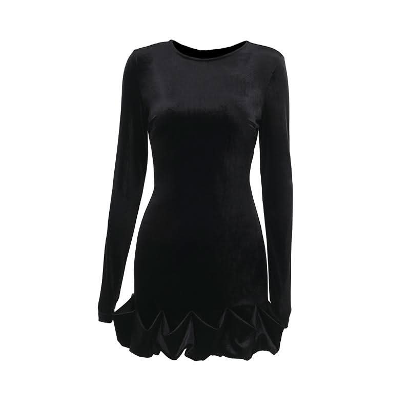 Long sleeve crewneck velvet ruffle mini dress  | Festival Outfits Women