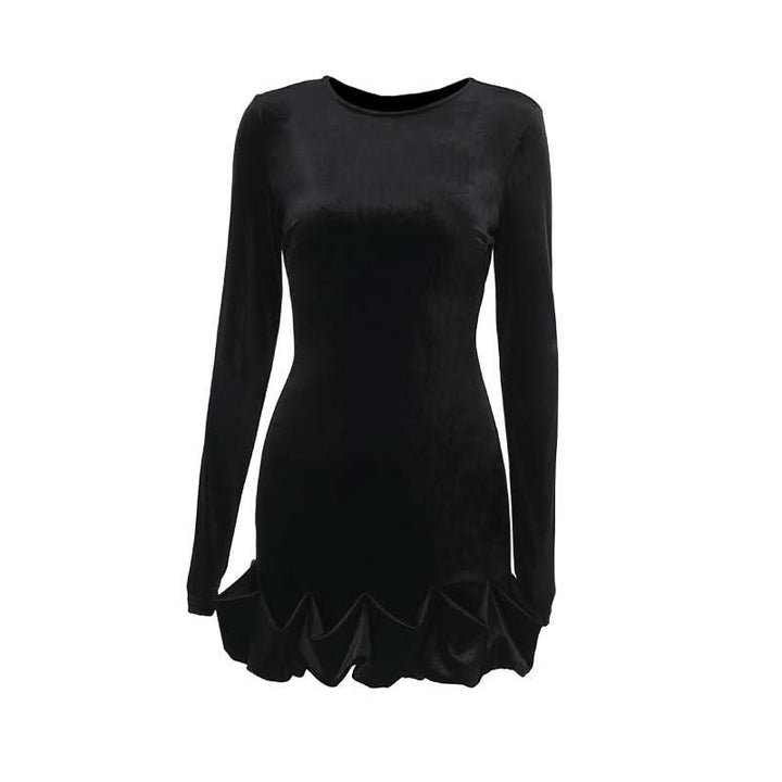 Long sleeve crewneck velvet ruffle mini dress  | Festival Outfits Women