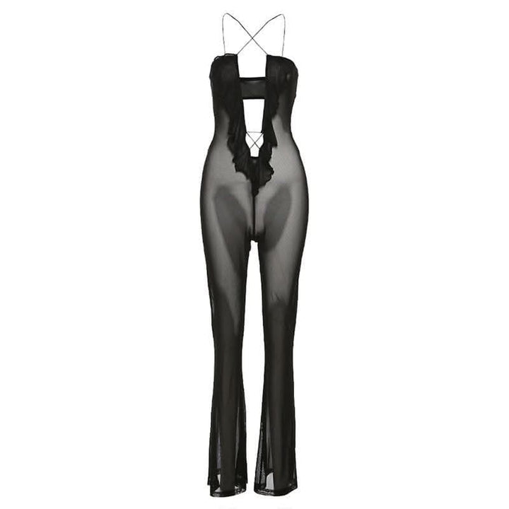 Sheer mesh solid ruffle see through cross front jumpsuit-final-sale  | Festival Outfits Women
