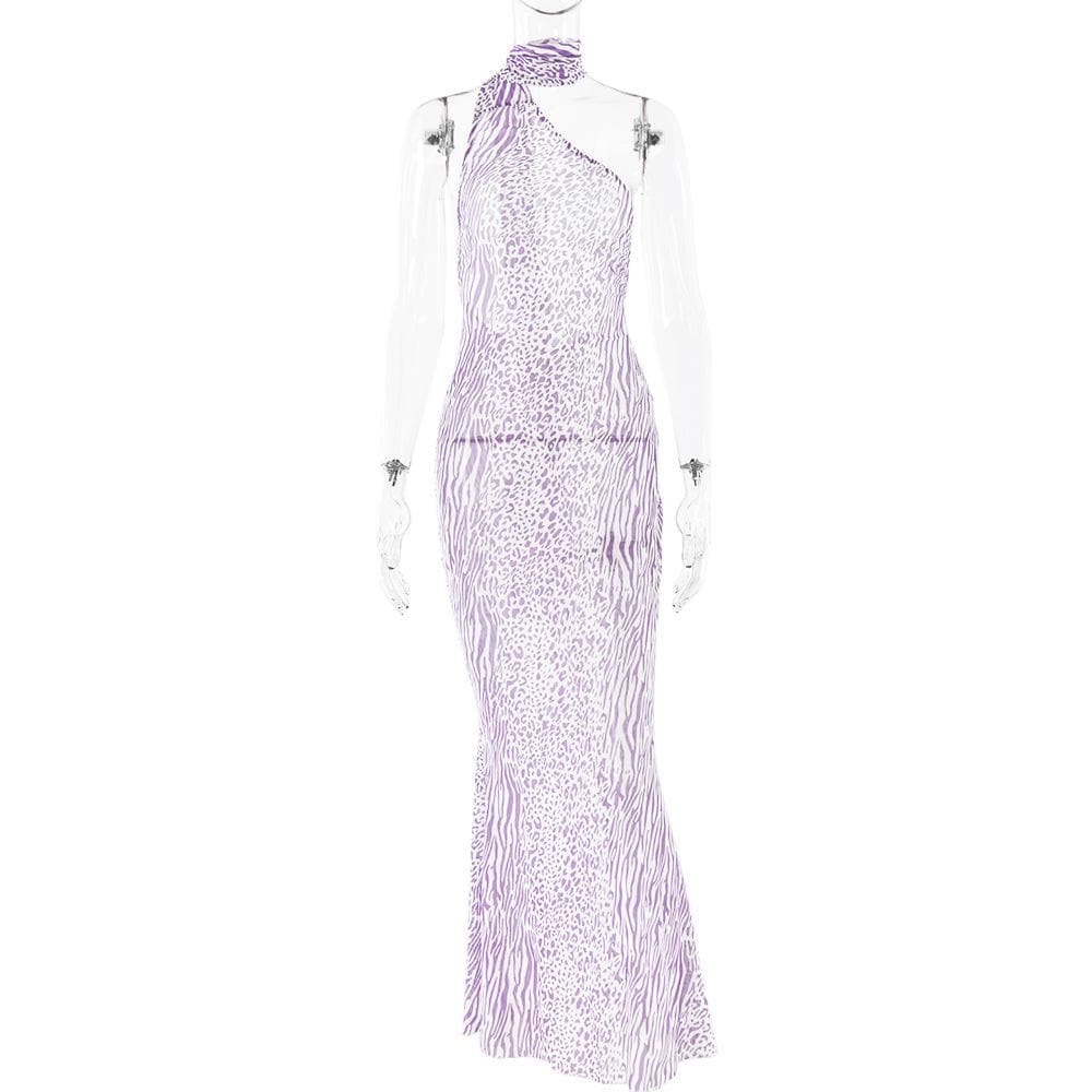 Halter one shoulder leopard print sheer mesh maxi dress  | Festival Outfits Women