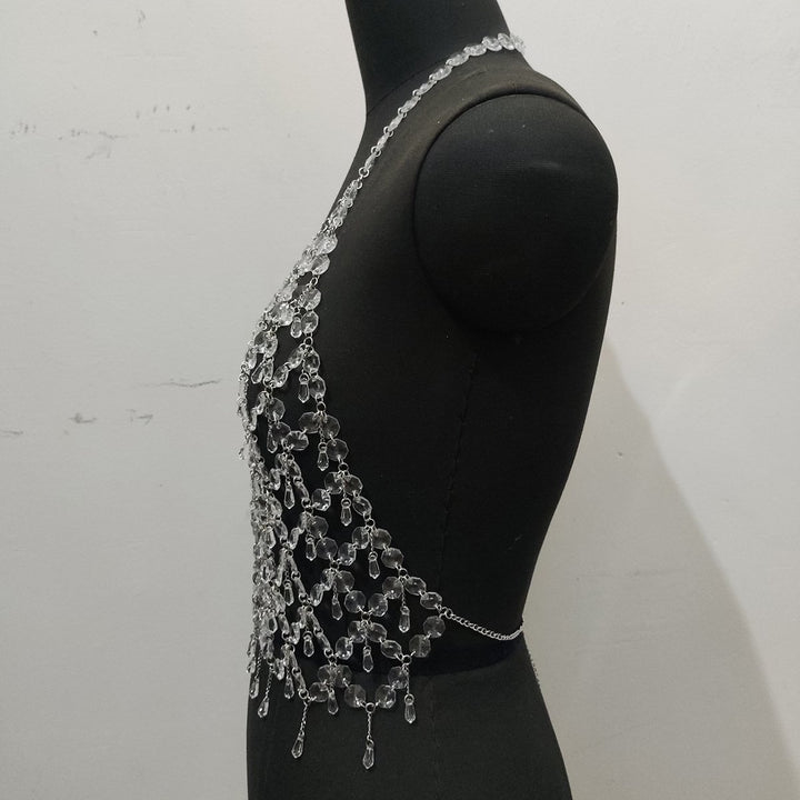 Metal chain plastic crystal halter backless top  | Festival Outfits Women