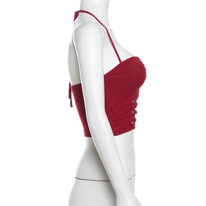 Halter ruched hollow out beaded cut out top  | Festival Outfits Women