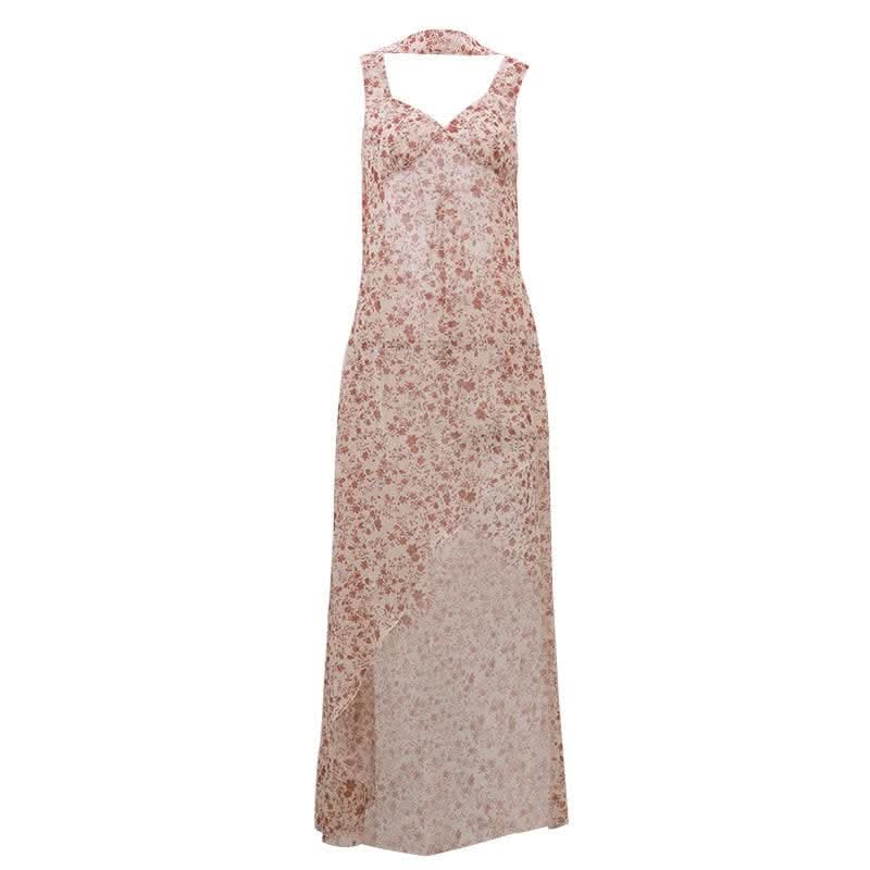 Contrast flower print slit irregular backless midi dress-final-sale  | Festival Outfits Women