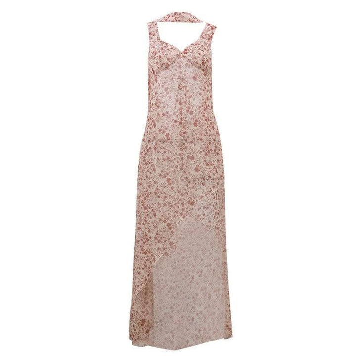 Contrast flower print slit irregular backless midi dress-final-sale  | Festival Outfits Women