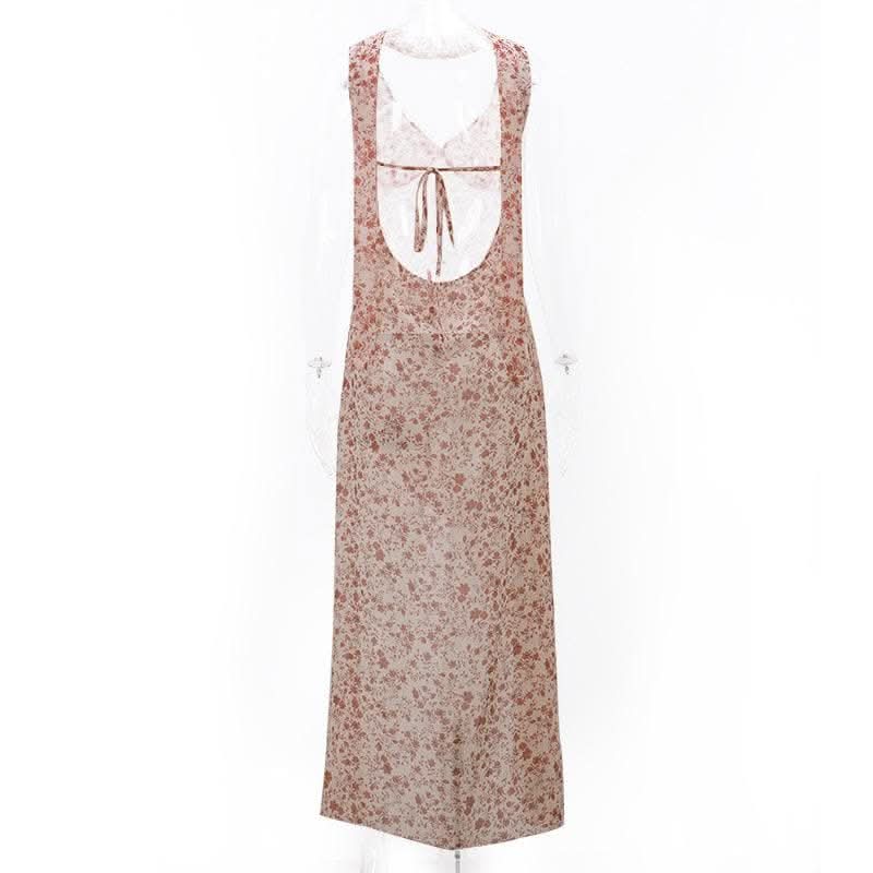 Contrast flower print slit irregular backless midi dress-final-sale  | Festival Outfits Women