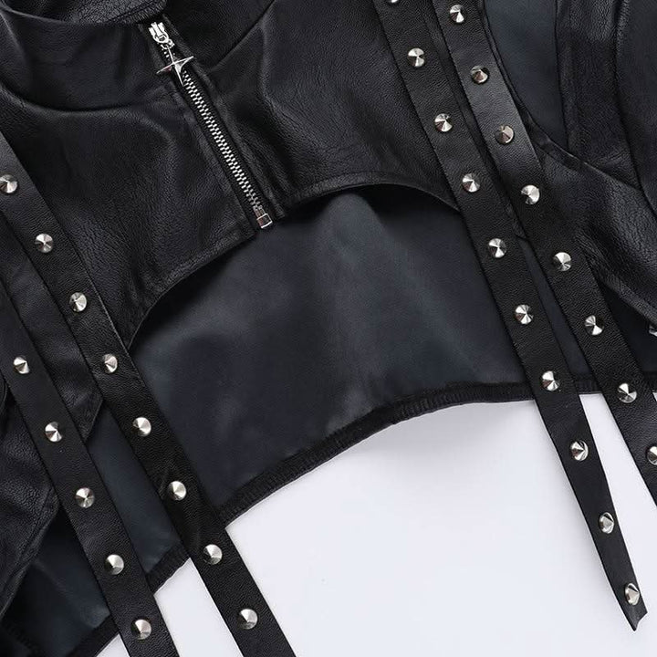 High neck PU leather zip-up hollow out shrug cut out top  | Festival Outfits Women