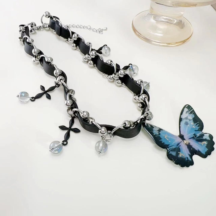 Butterfly PU leather beaded cross choker necklace  | Festival Outfits Women