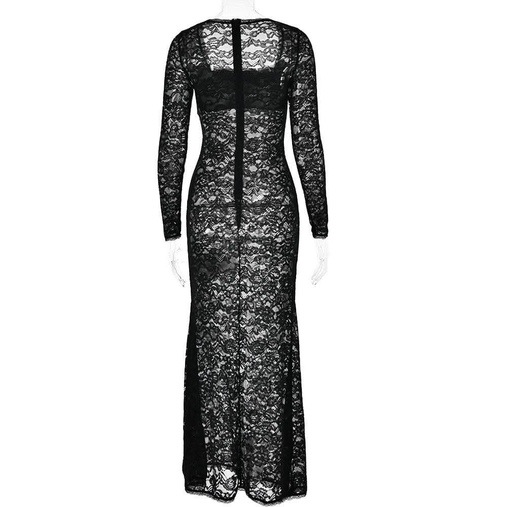 Lace see through square neck long sleeve zip-up solid maxi dress-final-sale  | Festival Outfits Women