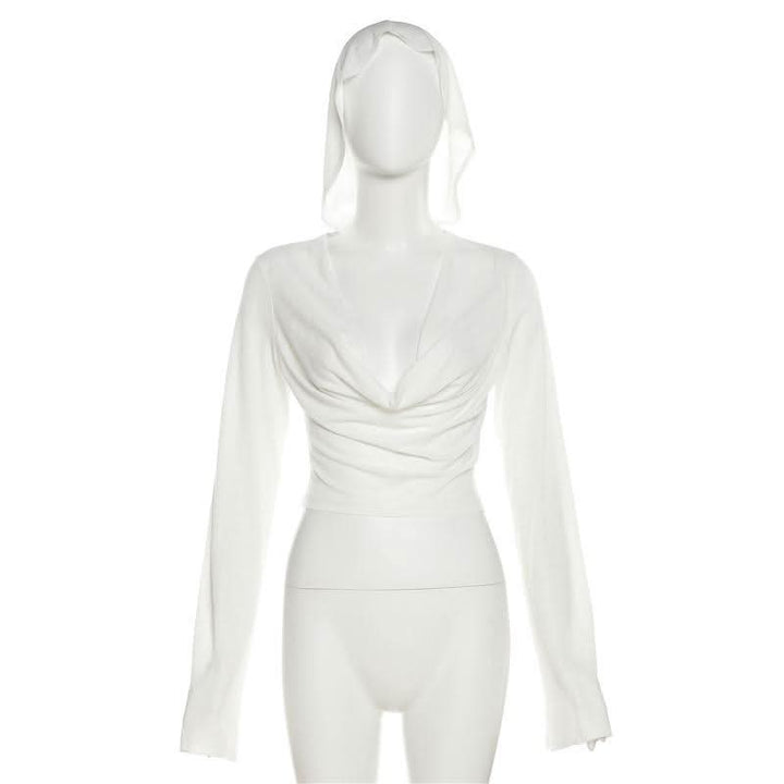 Long sleeve hoodie cowl neck solid crop top  | Festival Outfits Women