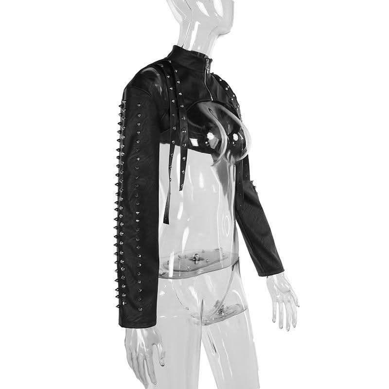 High neck PU leather zip-up hollow out shrug cut out top  | Festival Outfits Women