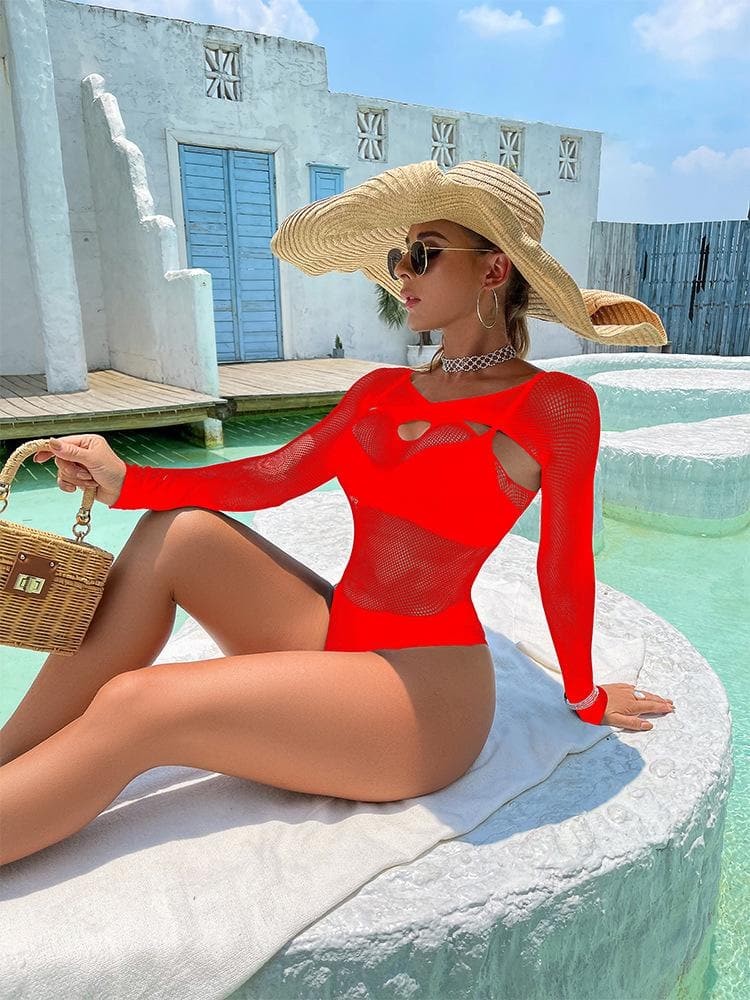 Long sleeve hollow out cross front net bodysuit  | Festival Outfits Women