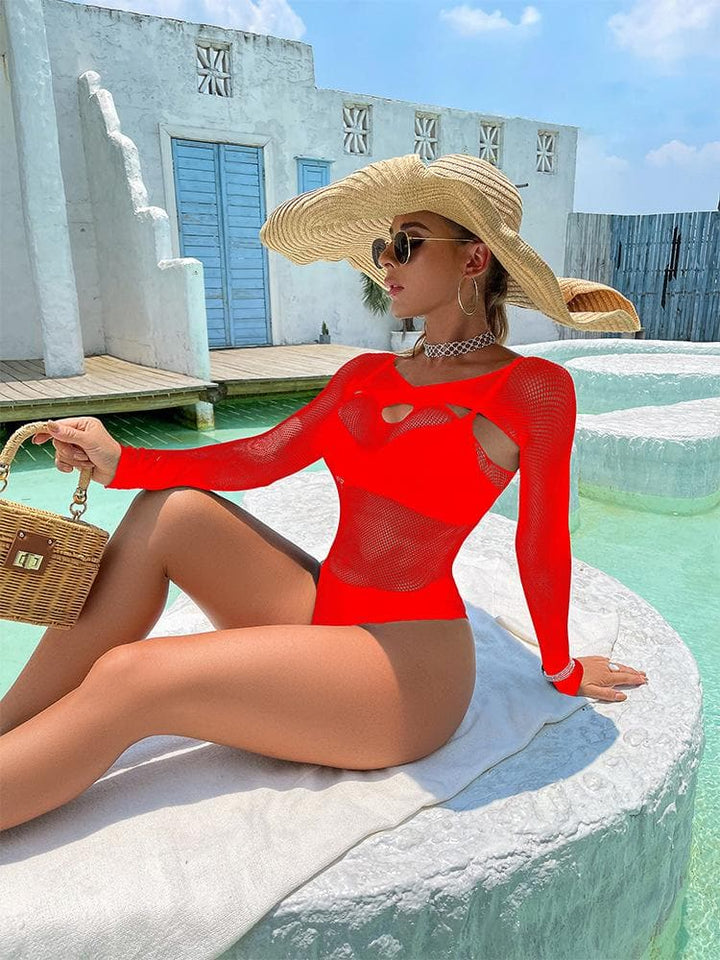Long sleeve hollow out cross front net bodysuit  | Festival Outfits Women