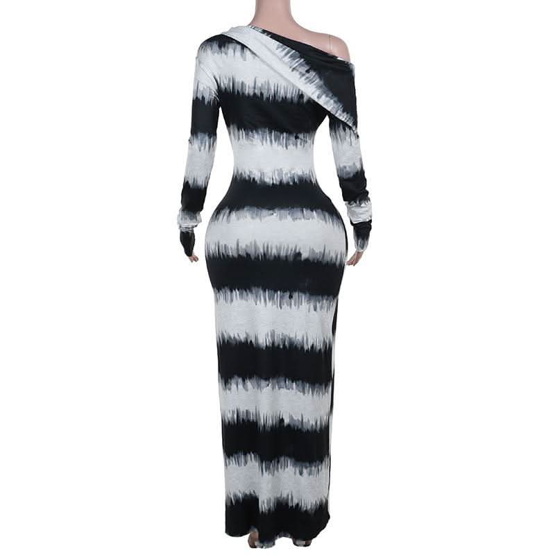 Irregular long sleeve one shoulder striped maxi dress-final-sale  | Festival Outfits Women