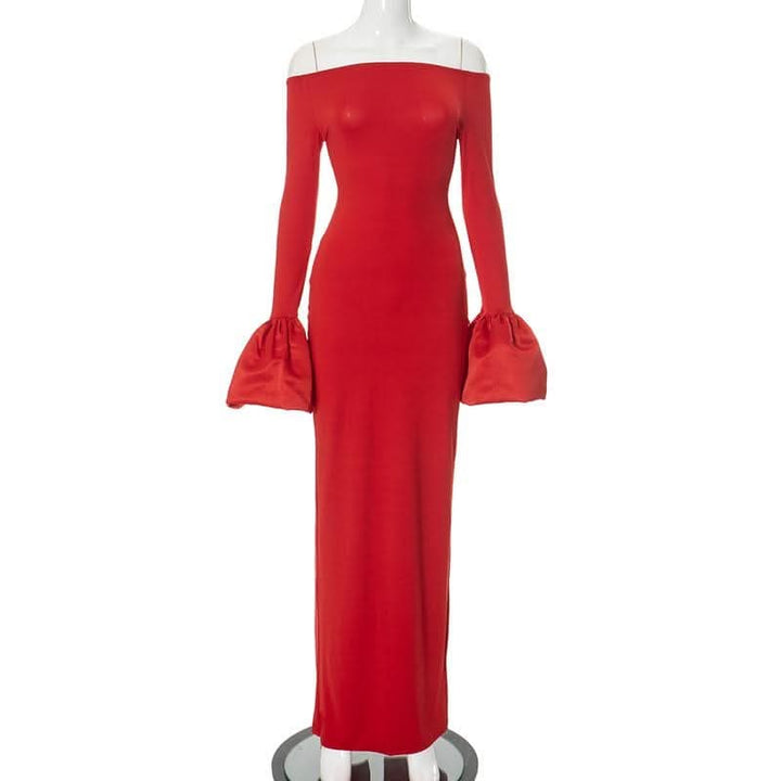 Long flared sleeve off shoulder ruched slit maxi dress-final-sale  | Festival Outfits Women