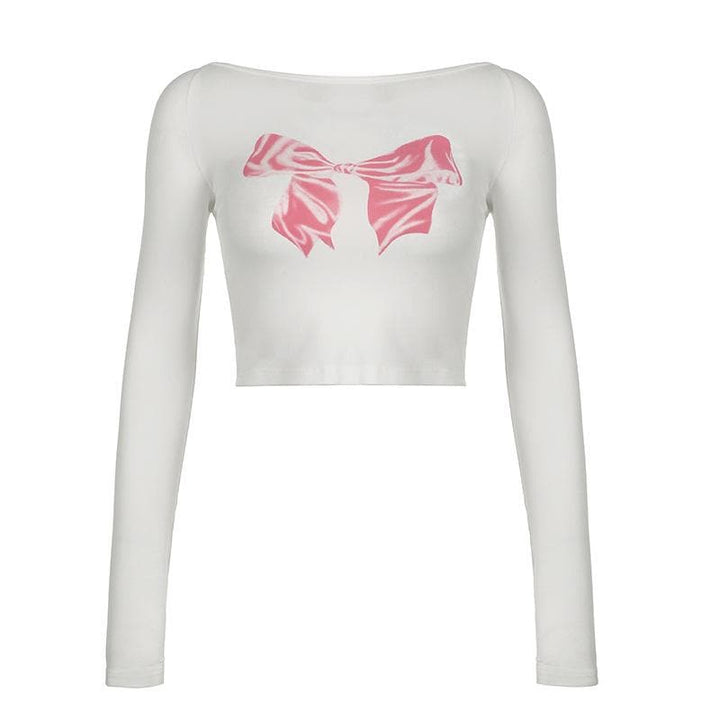 Long sleeve bowknot pattern contrast crop top  | Festival Outfits Women