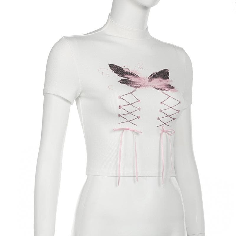 Short sleeve high neck butterfly print bowknot crop top  | Festival Outfits Women