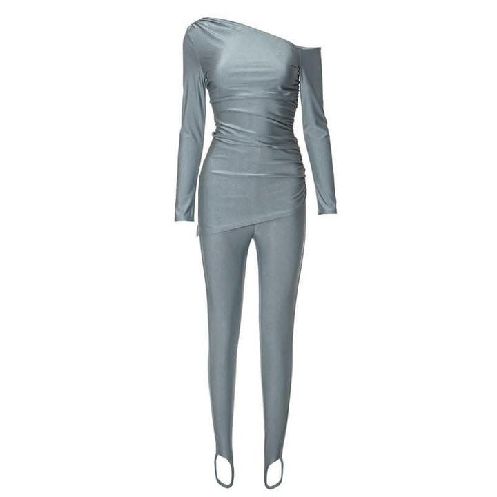 Ruched off shoulder long sleeve irregular solid pant set-final-sale  | Festival Outfits Women